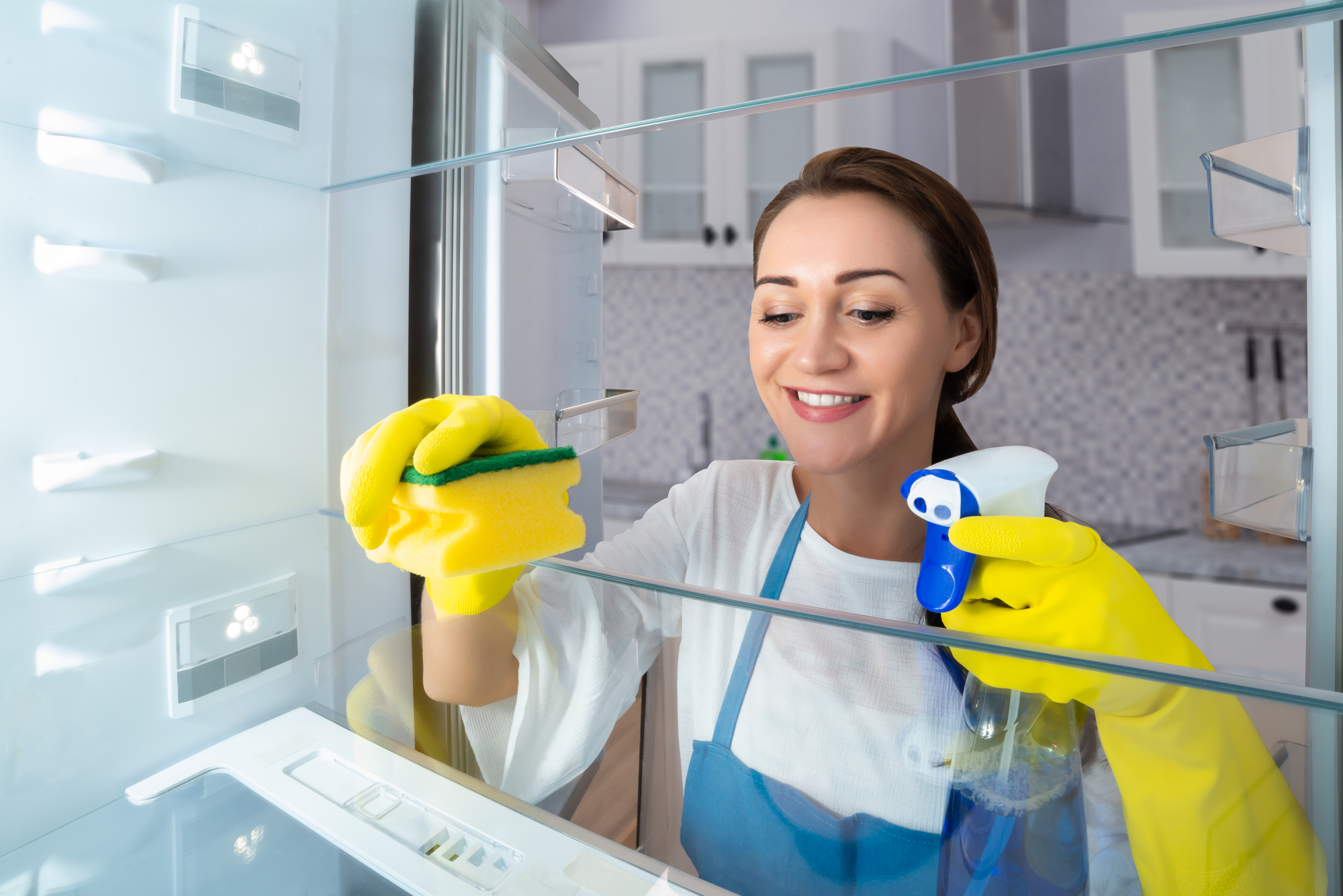 Woman Cleaning Refrigerator With Sponge Close-up Of A Happy Young Woman Cleaning Refrigerator With Sponge