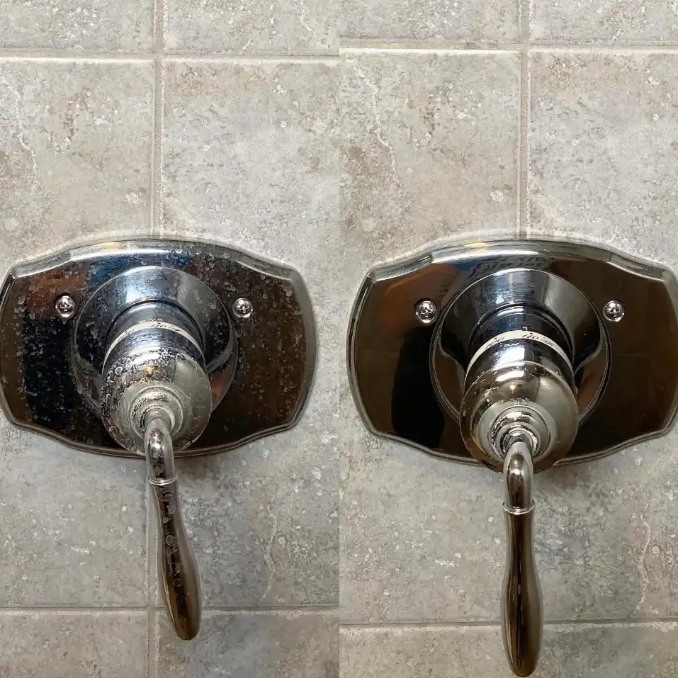 clean shower handle - before and after